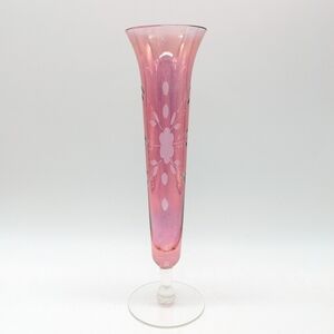 Vintage Cranberry Pink Floral Etched Glass Bud Vase